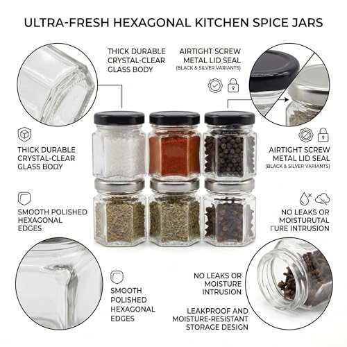 Image of Cute Hexagonal 50 grams Airtight Glass Jar Containers for Honey, Spices & other Kitchen Items with Rust Proof Black & Silver Color Caps -Set of 06