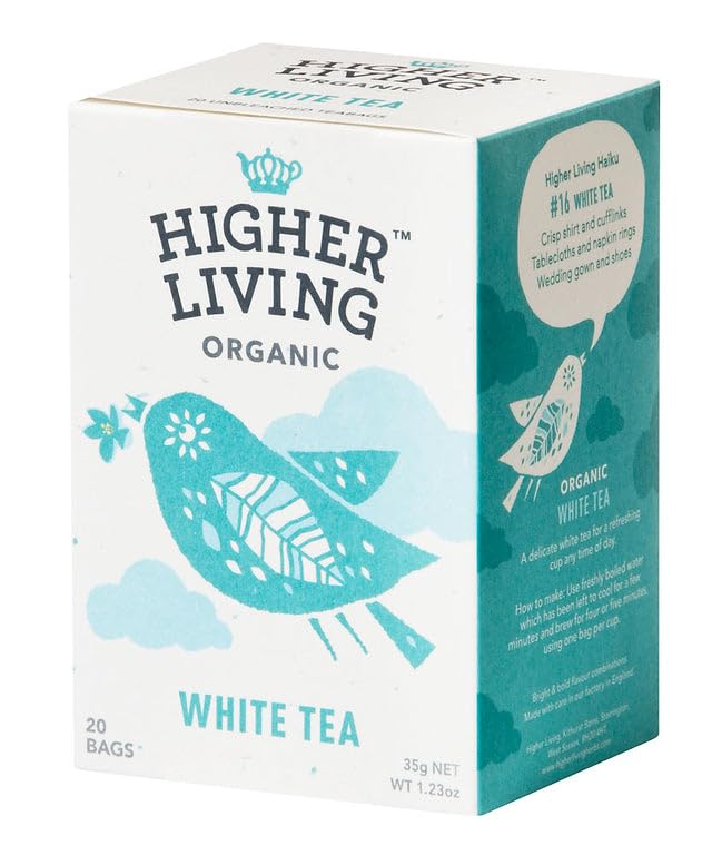 Higher Living Organic Té blanco (20 bolsitas de té)  Bolsas de té premium con antioxidantes naturales  Sabor refrescante  Fabricado en el Reino Unido