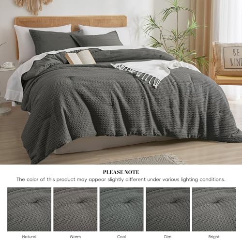 Image of PHF Soft Waffle Comforter Set Queen Size- Comfy Breathable Waffle Weave Comforter with 2 Pillow Shams, 3 Pieces Less Snagging Lightweight Textured Bedding Set for All Season, Grey