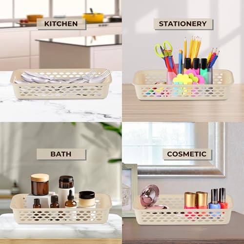Image of RATAN PLASTICWARE Diana Tray Rectangular-Narrow (Pack of 6) Plastic| 31.9 Cm X 12.2 CmX 6.1 Cm | Storage for Desk Basket /Organizers for Stationery, Jewellery, Tools,Kitchen, Office- Beige