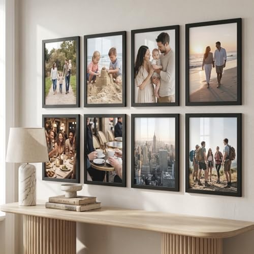 Image of kotart Aesthetic Photo Frame for Wall Decoration | Wooden Frames for Bedroom Living Room | Certificate Frame | Photo Frame for Certificate A4 Size (Black, Pack of 8)