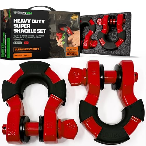 Image of Rhino USA Super D Ring Shackles (2-Pack) - 70,548lb Break Strength - Heavy Duty 3 /4 inch Clevis Shackle with 7 /8 Pin for Towing & Off-Road Use - Pairs with Tow Strap for Vehicle Recovery (Red)
