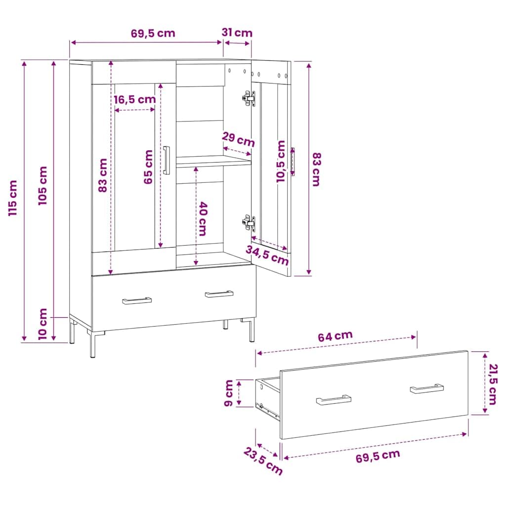Mobile alto bianco, 69,5 x 31 x 115 cm, in legno con gambe in metallo, porte in vetro, molto spazio, design moderno, per soggiorno, corridoio o cucina, stabile e durevole