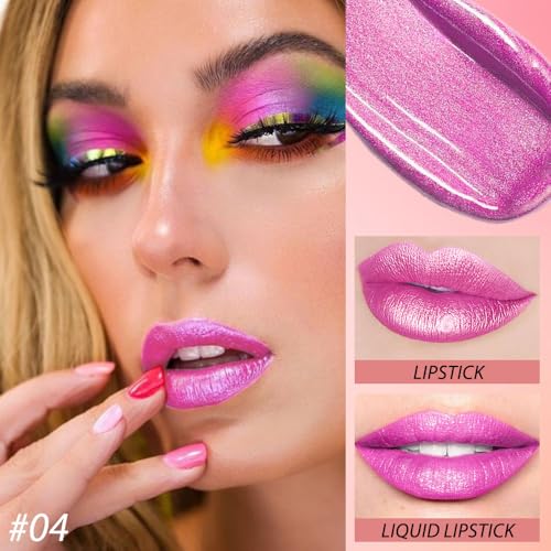 Image of evpct 2 in 1 Hot Pink Glitter Metallic Shimmer Diamond Lipstick and Lip Gloss Set for Women Long Lasting Waterproof, Rose Pink Sparkle Glitter Shiny Lipstick and Lip Liner Makeup Set, 04#