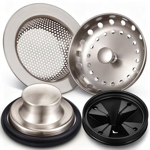 Yiyiring 4 Pcs Brushed Silver Kitchen Sink Accessories Garbage Disposal Splash Guards 3.4'' Sink Drain Strainer and Stopper Stainless Steel Garbage Disposal Plug for Kitchen Drain Strainer