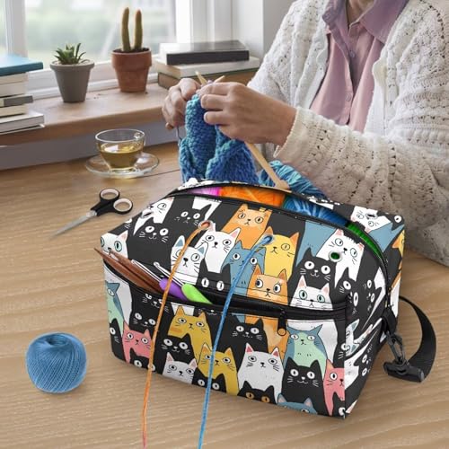 Image of Drnuikhe Cartoon Cat Large Knitting Bags and Totes Organizer, Lightweight Yarn Bag Knitting & Crochet Supplies Crochet Gift for Mother Wife