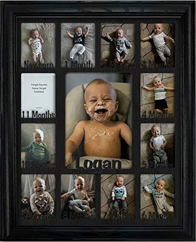 Northland Baby First Year Personalized Frame - Holds Twelve 2.5" x 3.5" Newborn Nursery Decor Photos and 5" x 7" One Year Picture, Black Frame, Black Mat, Customizable with Any Name