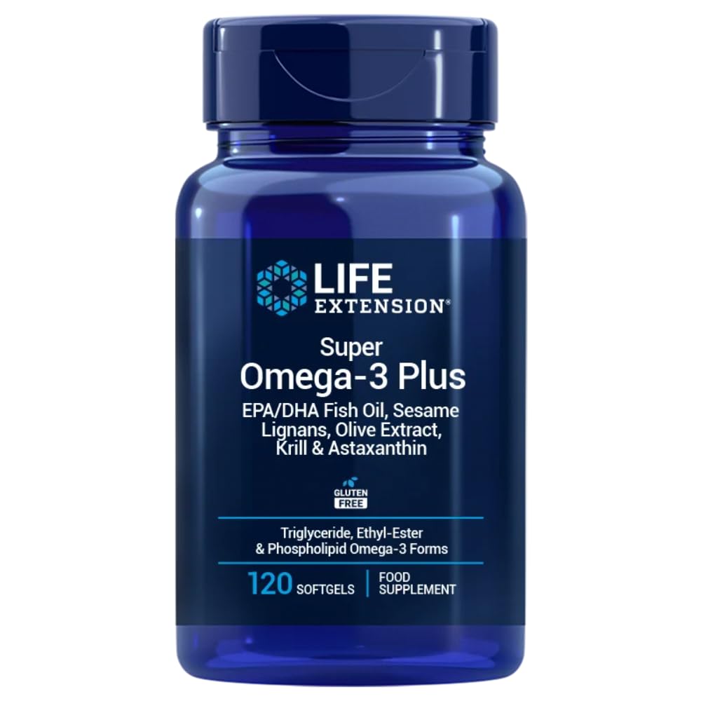Life Extension - Super Omega-3 Plus EPA/DHA 120 Kapseln - Sesam-Lignane, Olivenextrakt, Krill & Astaxanthin - Hochdosierte Omega-3 für Herz- & Gehirngesundheit