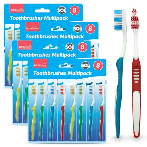 SOL 32pk Manual Toothbrush Multipack, Soft Brushes for Adults & Family, Assorted Colours, Firm Bristles for Effective Cleaning, Disposable, Ideal for Daily Oral Care