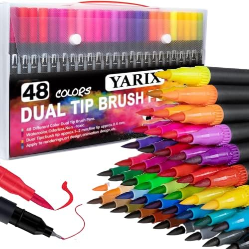 YARIX Dual Tip Brush Pens  Colouring Pens Set of 48 Coloured Pens, Felt Tip Pens  Art Supplies for Kids & Adult Colouring Books  Watercolour Art Markers for Drawing, Sketching, & Calligraphy