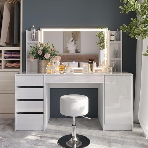Vicco Tavolo Da Toeletta Sherry, Bianco/Bianco Lucido, 158.2 Cm 5 Parti