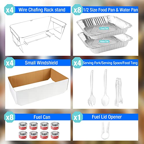 Restlrious Chafing Dish Buffet Set Disposable Full Size Aluminum Buffet Serving Kit, 4 Pack of Chafer Stand Kit for Food Warmer in 42 Pieces w/Fuel Tanks, Pans & Utensils, for Parties Events BBQ