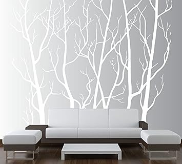 Innovative Stencils Large Wall Vinyl Tree Forest Decal Removable Sticker with Birds 96" 8 Feet Tall X 113" Wide #1111 Matte White