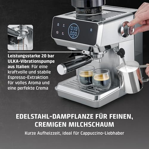 CASO EspressoGourmet & Grind Siebträgermaschine Edelstahl mit Mahlwerk, 20 Bar Ulka Pumpe, Touch-Display, Thermoblock, Vorbrühfunktion, Dampflanze,1,8 l Wassertank, Zubehör