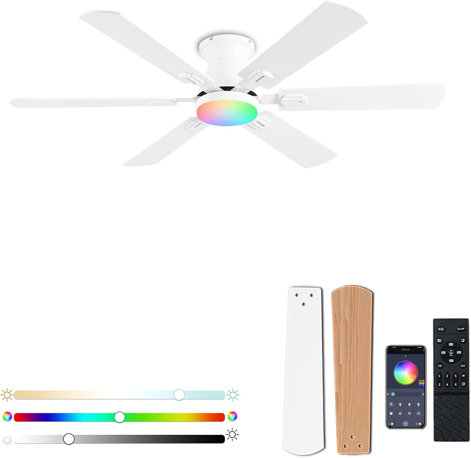 56" RGB Ceiling Fans with Lights - App & Remote Control, Quiet Reversible DC Motor, Flush Mount Double-sided Blades, 3CCT Dimmable, Smart Low Profile Ceiling Fan for Bedroom Kids room(White)