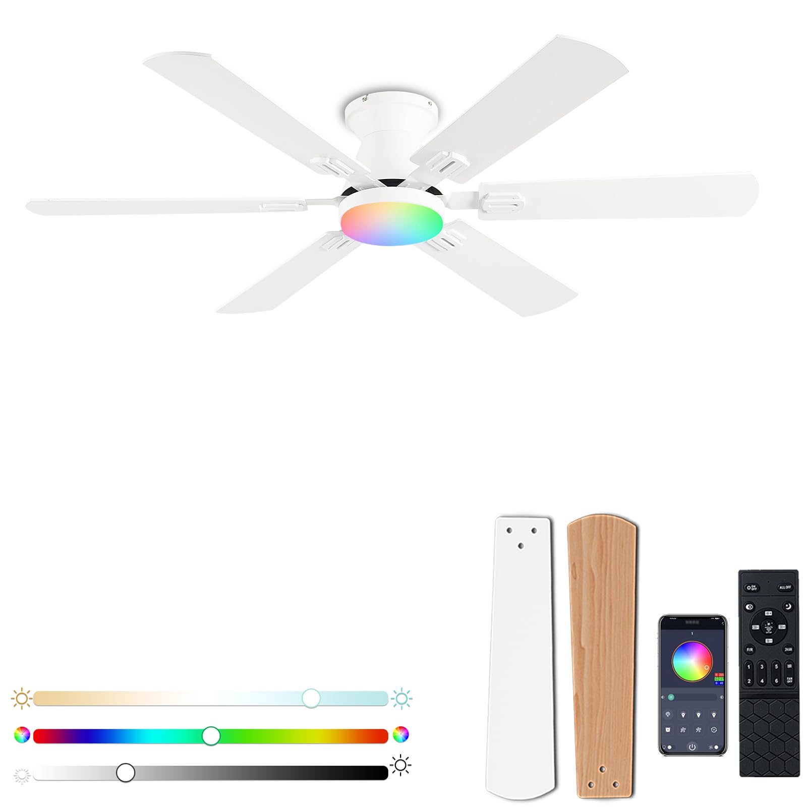 KNUN 56" RGB Ceiling Fans with Lights - App & Remote Control, Quiet Reversible DC Motor, Flush Mount Double-sided Blades, 3CCT Dimmable, Smart Low Profile Ceiling Fan for Bedroom Kids room（White）