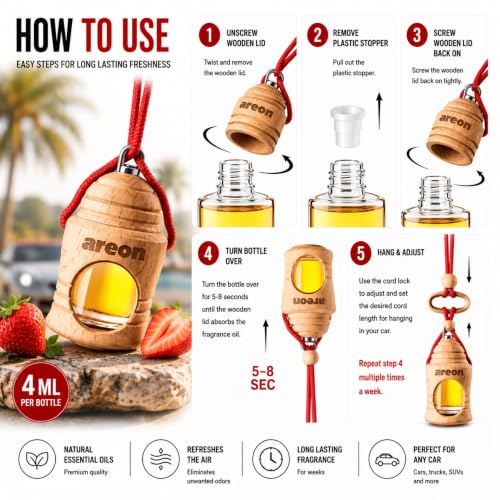 Image of AREON Fresco Premium Hanging Car Air Freshener, Strawberry, Pack of 1 | Premium Wooden Hanging Car Air Freshener with an Elegant, Compact Design. Suitable for Use in Cars, SUVs, Vans, and Trucks.