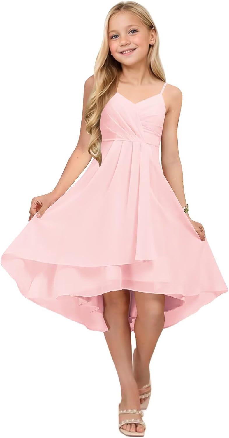 Spaghetti Straps Chiffon Junior Bridesmaid Dresses with Pockets High Low Pleated Flower Girl Wedding Party Dress