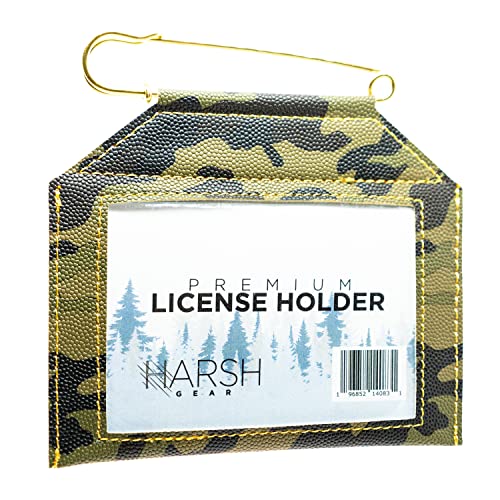 Weatherproof License Holder with Pin Included Perfect for Hunting Fishing Archery Tags and Permits Clear Window Premium Quality Hand Stitched Synthetic Leather (Camo)