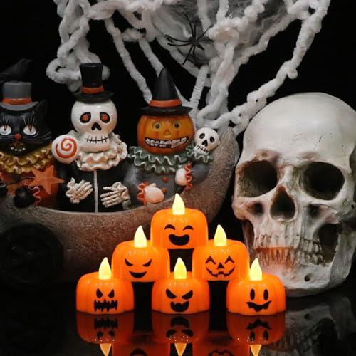 Image of Eldnacele Halloween Pumpkin Lights Flameless Candles 6H Timer, Battery Operated Ghost Face LED Flickering Tealights Candle Fall Tabletop Spooky Candles Halloween Decoration Indoor(6Pcs,1.9 inchx1.6 inch)