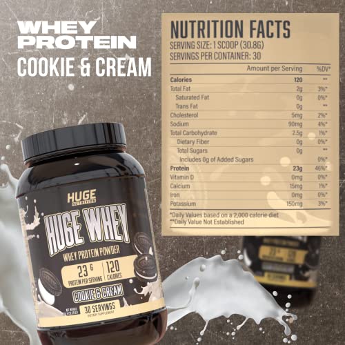 Huge Nutrition Whey Protein Concentrate Powder - 25G Protein Per Serving - 5G Bcaa's - Improved Mixability (Cookie & Cream, 2 Lb) #TOP1