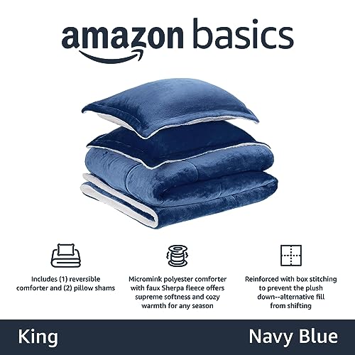 Image of Amazon Basics 3-Piece Micromink Sherpa Down Alternative Comforter Bedding Set, Ultra-Soft, Warm All Season, King, Navy Blue