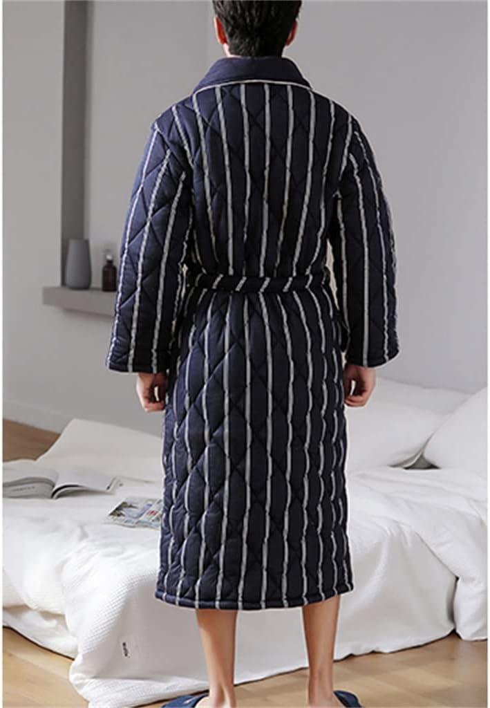 Thick 3-layer Warm Winter Stripe Bathrobe Men's Soft Cotton Quilted Long Kimono Bathrobe