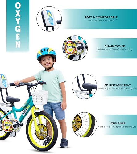 Image of OXYGEN Skoda 20T Kids Cycle 20 Inch Bicycle for Kids 6-9 Years with Training Wheels, Steel Frame, Non Geared BMX Cycle with Basket & Backrest, Boys Girls Children Bike, Metallic Green