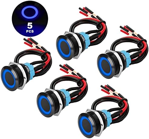 5PCS 19mm 3/4" Metal Latching Pushbutton Switch with Wiring Harness, 12V LED 1NO1NC SPST ON-OFF Switch, Waterproof 24V Pre-Wired 4 Pin Toggle Switch for 0.74" Mounting Hole, Black Shell & Blue Light