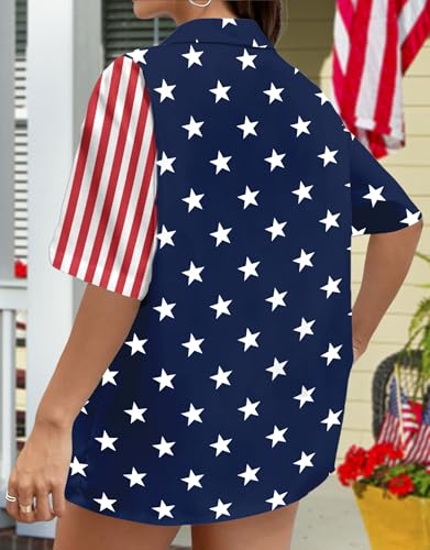 Image of Ithalt 4th of July Hawaiian Shirts Women American Flag Patriotic Short Sleeve Button Down Outfits Summer Vacation Tops