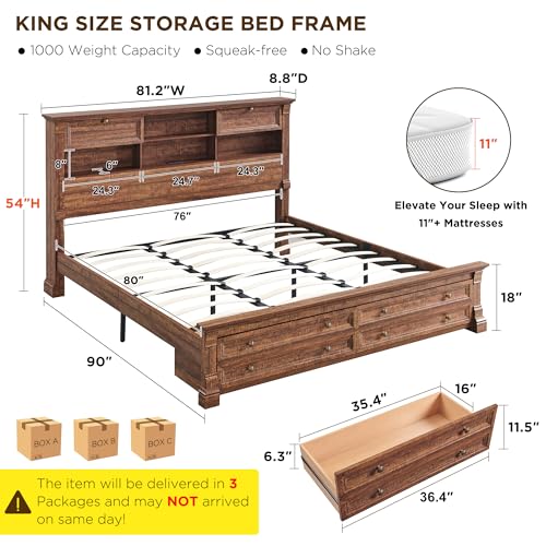Farmhouse King Size Bed Frame with 54" Tall Headboard, Headboard with 4 Storage Rack, 2 Drawers, Wood Platform Bed Frame,18" Roman Column Decoration Footboard, No Box Spring Needed(Reclaimed Barnwood) - Image 3