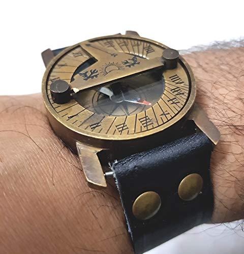 Maritim Steampunk Sonnenuhr Messing Kompass Armbanduhr Antik Navigation Lederarmband Schwarz