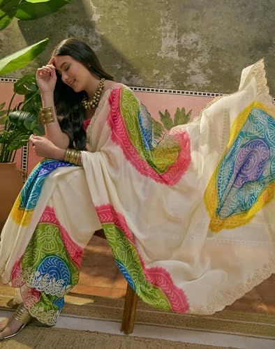 Image of SIRIL Women's Chiffon Scalloped Border Sequins Embroidery Saree with Unstitched Blouse Piece
