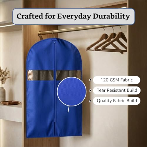 Image of Amazon Basics Non-Woven Suit, Coat, Jacket Cover | 120 GSM | Clear Window | Long Zip | 40 x 24 Inches | Pack of 5 (Blue)