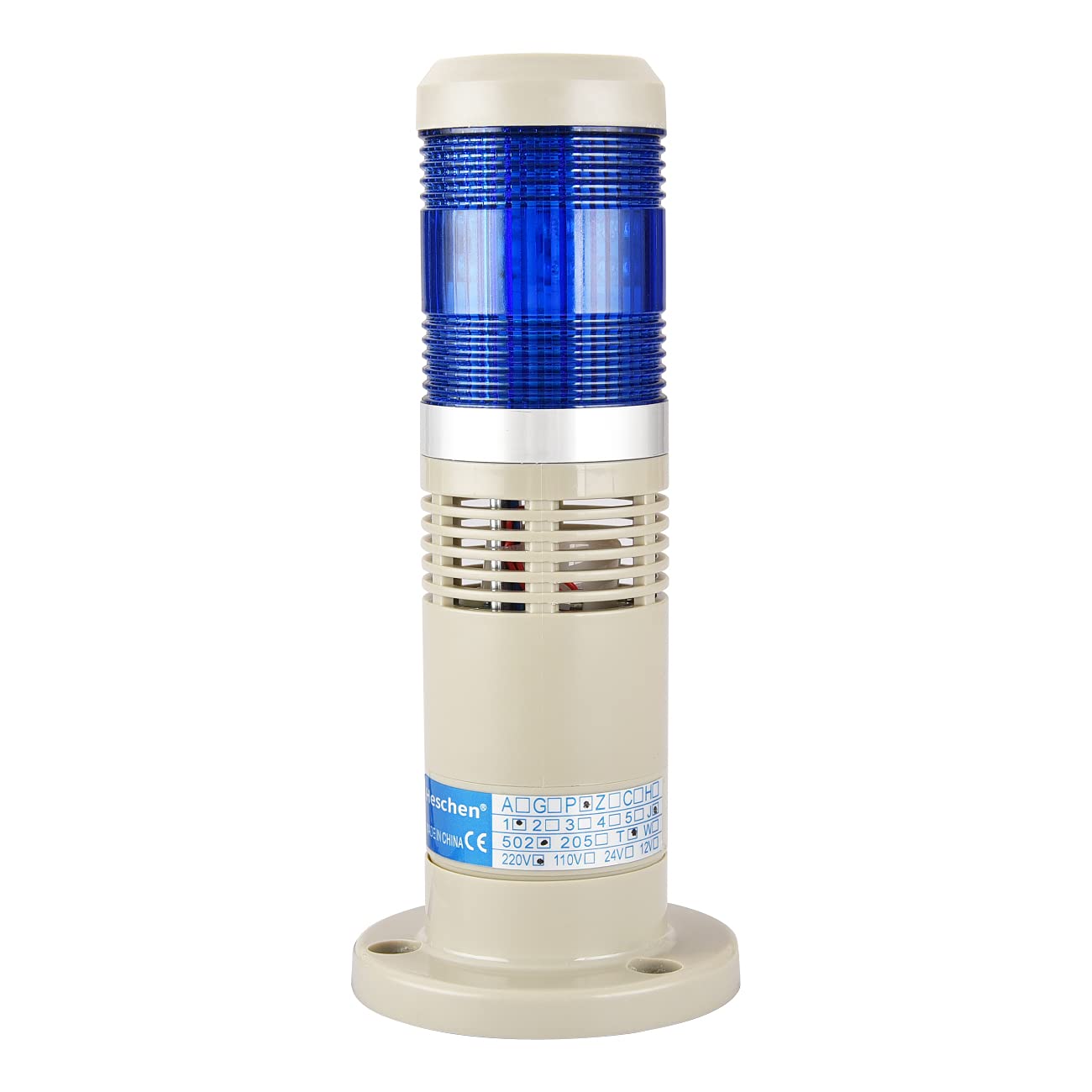 Heschen Lumière de colonne de tour de signal lumineux, 220VAC, Buzzer industriel, Lumière LED bleue, Avertissement d'alarme, Lumière continue