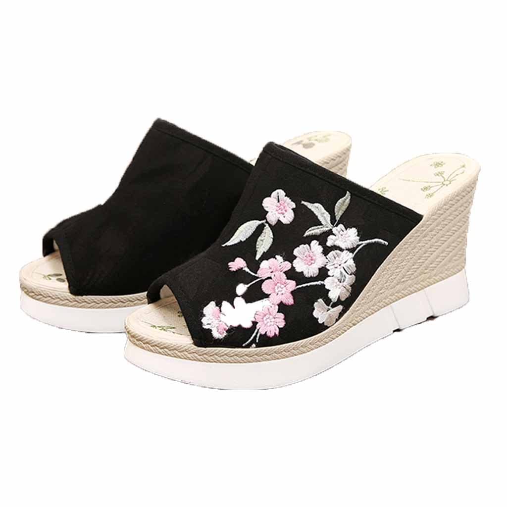 kapcie damskie Platformowe Kapcie Klinowe Dla Kobiet, Haftowane Chińskie Sandały Damskie, Wygodne Otwarte Buty Poślizgowe (Color : Black, Size : EUR35)