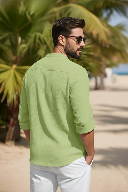Image of Men's Cotton Blend Short Kurta with Collared Neck Full Sleeves Solid Pattern Western Style Regular Fit and Standard Length