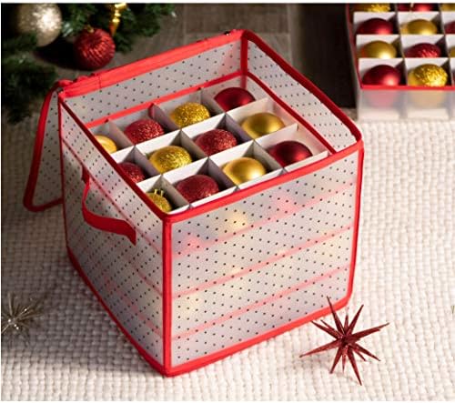 Premium Christmas Bauble Storage Box with 2 Sided Dual Zipper Closure - Keeps 64 Xmas Baubles, Christmas Decorations Accessories & Ornaments, Sturdy Plastic Bauble Storage Container with 7.6cm Cubes