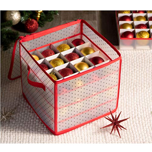 Zober Plastic Christmas Ornament Storage Box With 2-Sided Dual-Zipper Closure - Keeps 64 Holiday Ornaments, Xmas Decorations Accessories, 3" Cube Compartments - Sturdy Flexible Plastic #TOP1