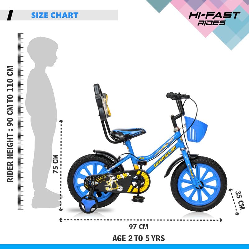 Image of HI-FAST Wheelie Fun and Easy-Ride 14 Inch Rigid Cycles for Kids Ages 2-5 Years with Training Wheels and 95% Assembled, Blue
