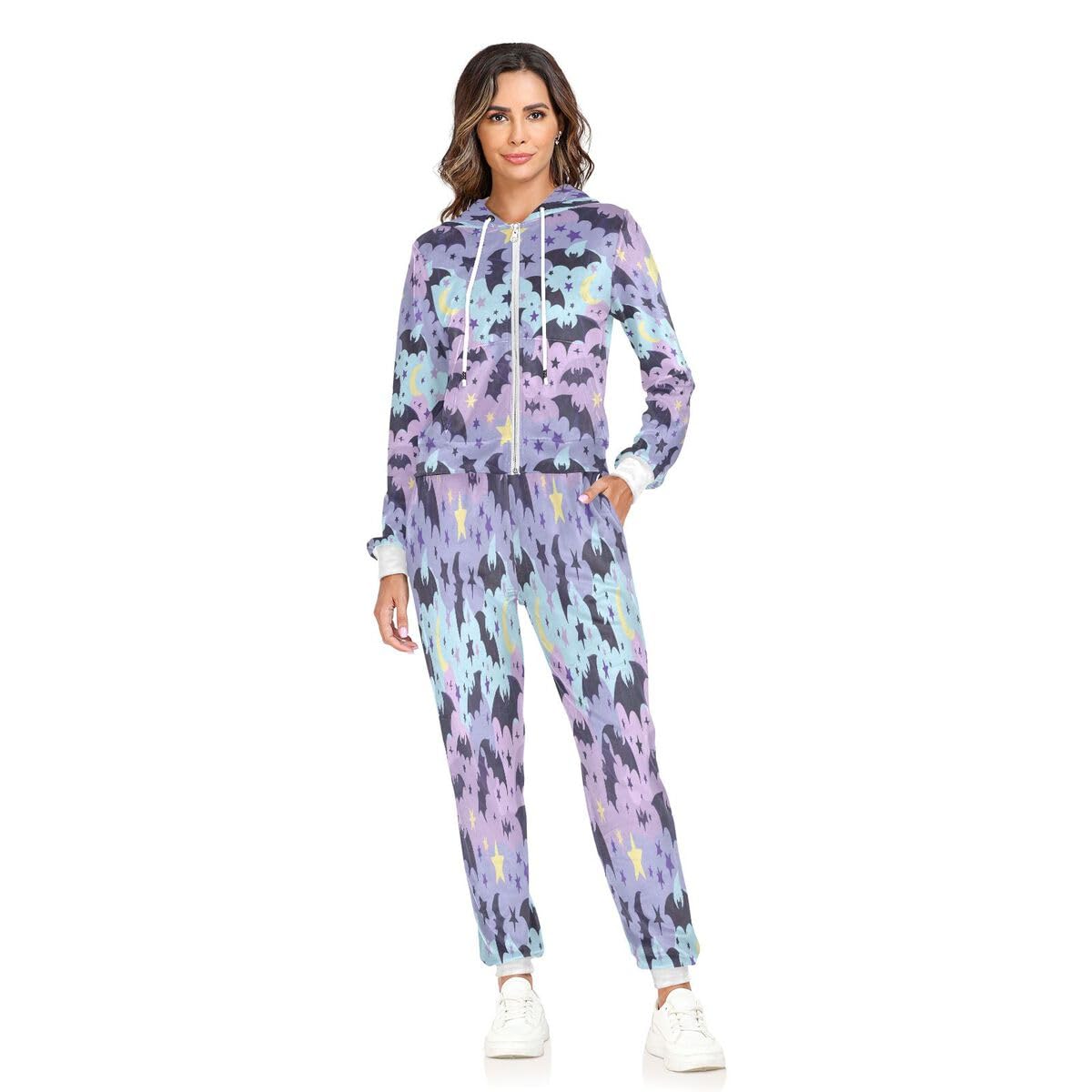 Conjunto deportivo de 2 piezas para mujer, diseño de murciélagos y estrellas, conjunto deportivo de manga larga para Halloween