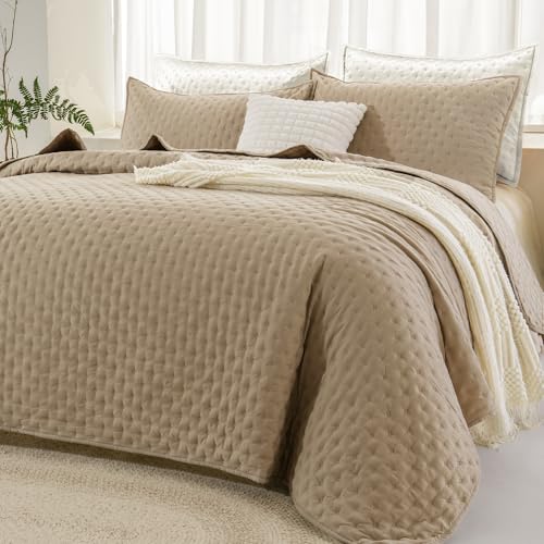 Image of Andency Beige Queen Size Quilt Bedding Set (90x96 Inch), 3 Pieces Soft Lightweight Bedspread Coverlet, Boho Summer Quilt Queen Size for All Season