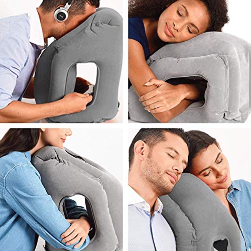 JYSW Inflatable Travel Pillow, Portable Airplane Pillow Multifunctional Neck and Head Support Lap Pillow for Airplanes Trains Buses and Office Napping (Gray)