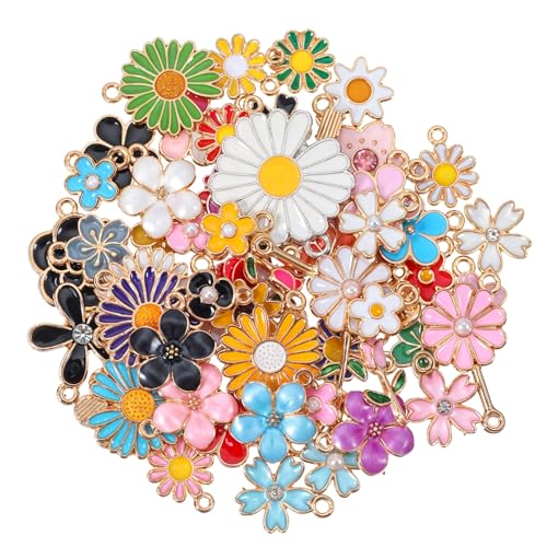 Ouligay 60 Stück Emaille Blumen Charms Anhänger Set, Niedliche Gänseblümchen Kirsch Blumen Anhänger für Armbänder, Kleine Blumenanhänger Kettenanhänger Basteln für DIY Schmuckherstellung