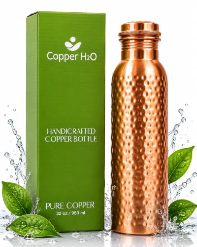 H2O Pure Copper Water Bottle 34 oz (950ml) | Hammered Copper Drinking Bottle for Ayurvedic Water Storage | Leakproof Coppers Metal Bottle for Office, Gym & Travel | Daily Use BPA Free Flask