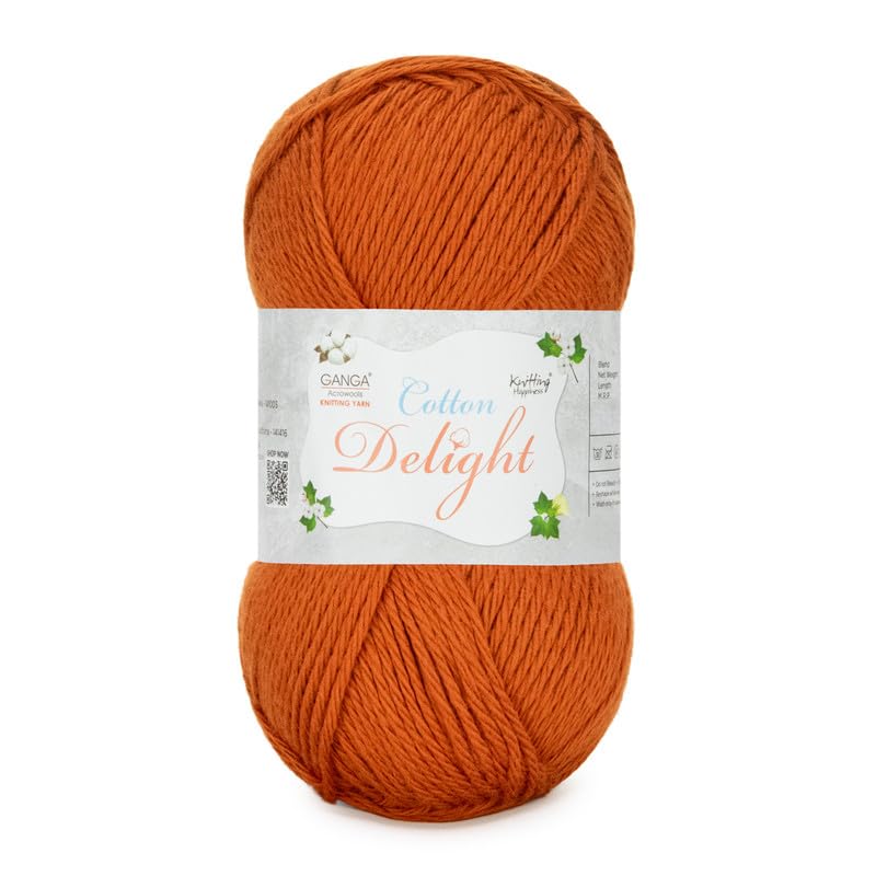 Image of Ganga Acrowools Cotton Delight, Dk Weight Cotton Yarn, Oekotex Class L Certified 100G, 169M, Pack of 1 Ball - 100gm Each, Shade No. - COD097 Burnt Orange