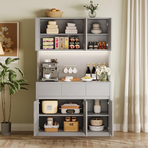 GarveeHome 71" Kitchen Pantry Cabinet, Kitchen Hutch Storage with Led Lights and Power Outlets, Buffet Cabinet with Microwave Stand, Adjustable Shelves, Handless Design, Grey