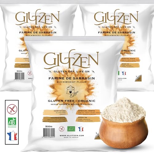 Harina de Trigo Sarraceno Biológica Sin Gluten GLUTZEN. Pan sin gluten, masa para pizza, pasta, panqueques, galletas, muffins. Bajo IG, Keto, Vegano, sin alérgenos. (3x500g)