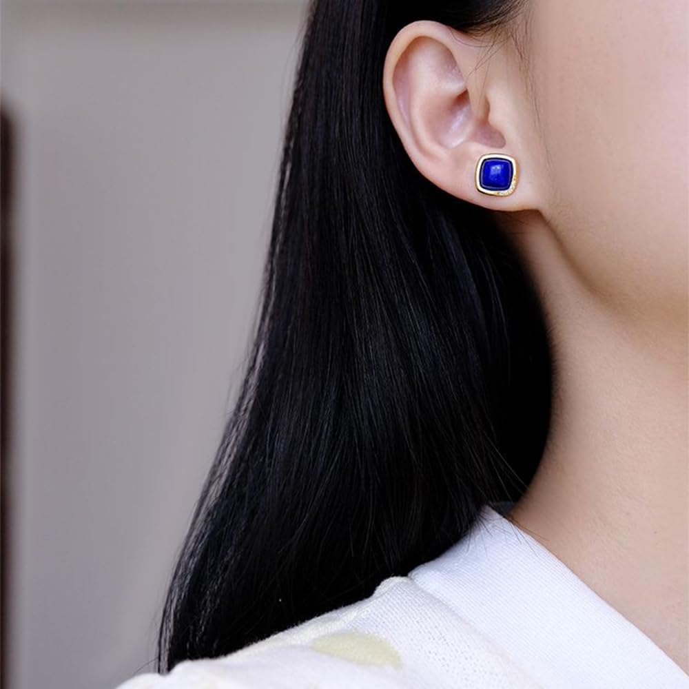 S925 Silver And Gold Plated With Natural Lapis Lazuli Square Earrings Jade for Women Yoga Genuine
