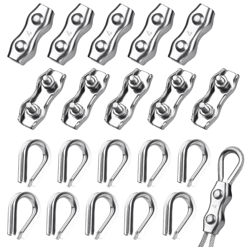 Nadisean 10 Pièces Serre Cable Acier 4mm + 10 Pièces Câbles Cosses, Serre Cable Inox, Serre-Câbles Duplex, Pinces De Câble Métalliqu en Acier Inoxydable...